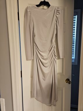 Express Light Gray Long Sleeve Ruched Midi Dress